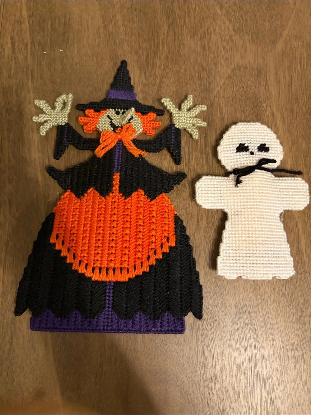 Vintage Handcrafted Needlecraft Halloween Witch And Ghost Yarn And Canvas